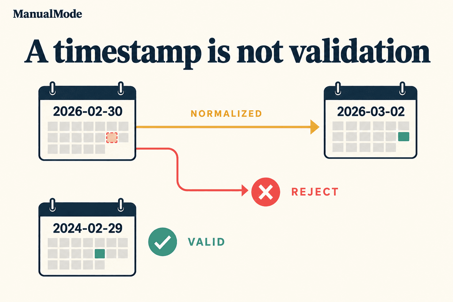 ManualMode diagram showing impossible date 2026-02-30 normalizing to 2026-03-02, a rejection path for the original input, and valid leap date 2024-02-29.