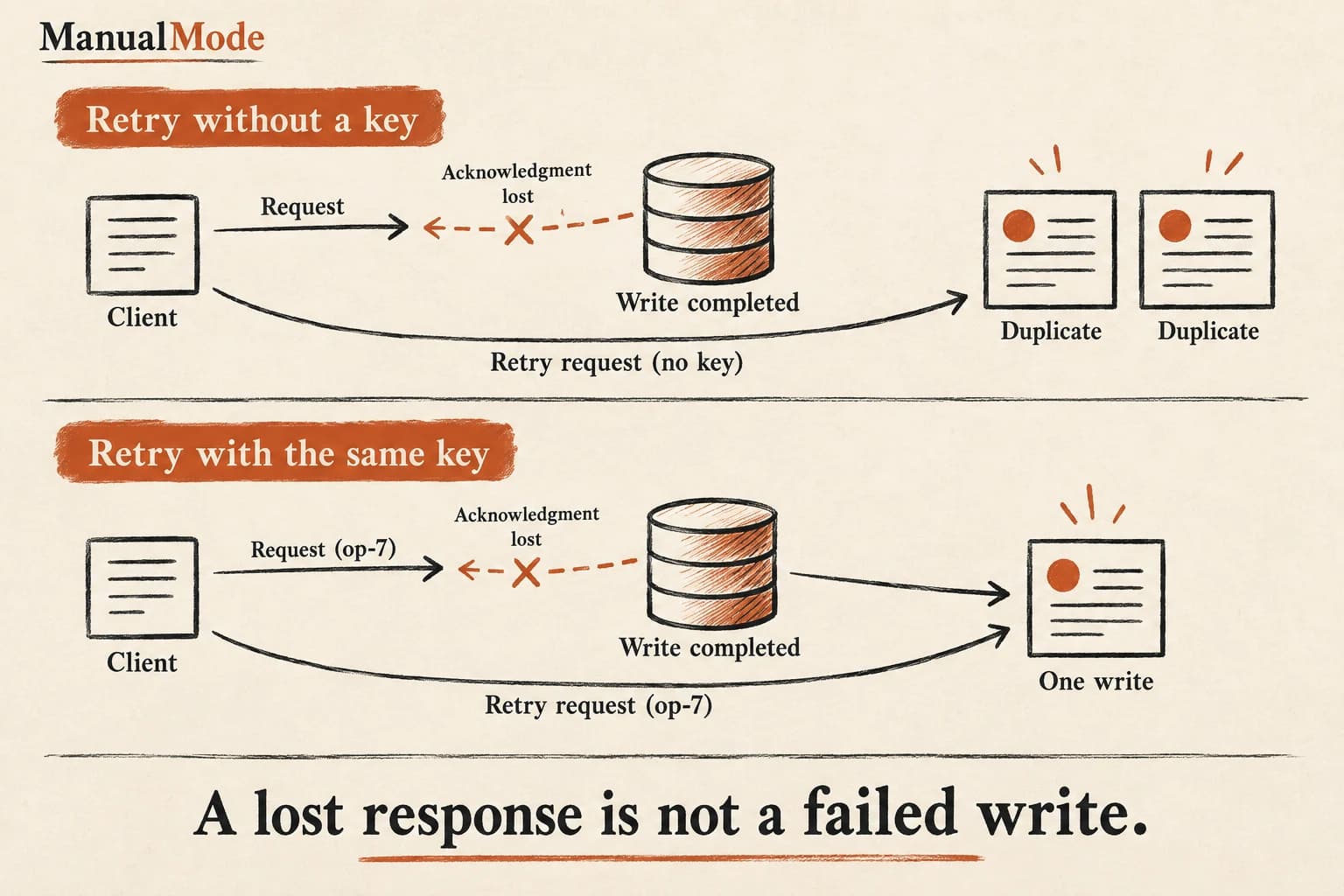 ManualMode diagram contrasting an unkeyed retry that creates duplicate records with two requests using op-7 that return one completed write after a lost acknowledgment.